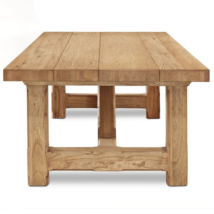 Solid oak dining table base with curved arch stretcher detail