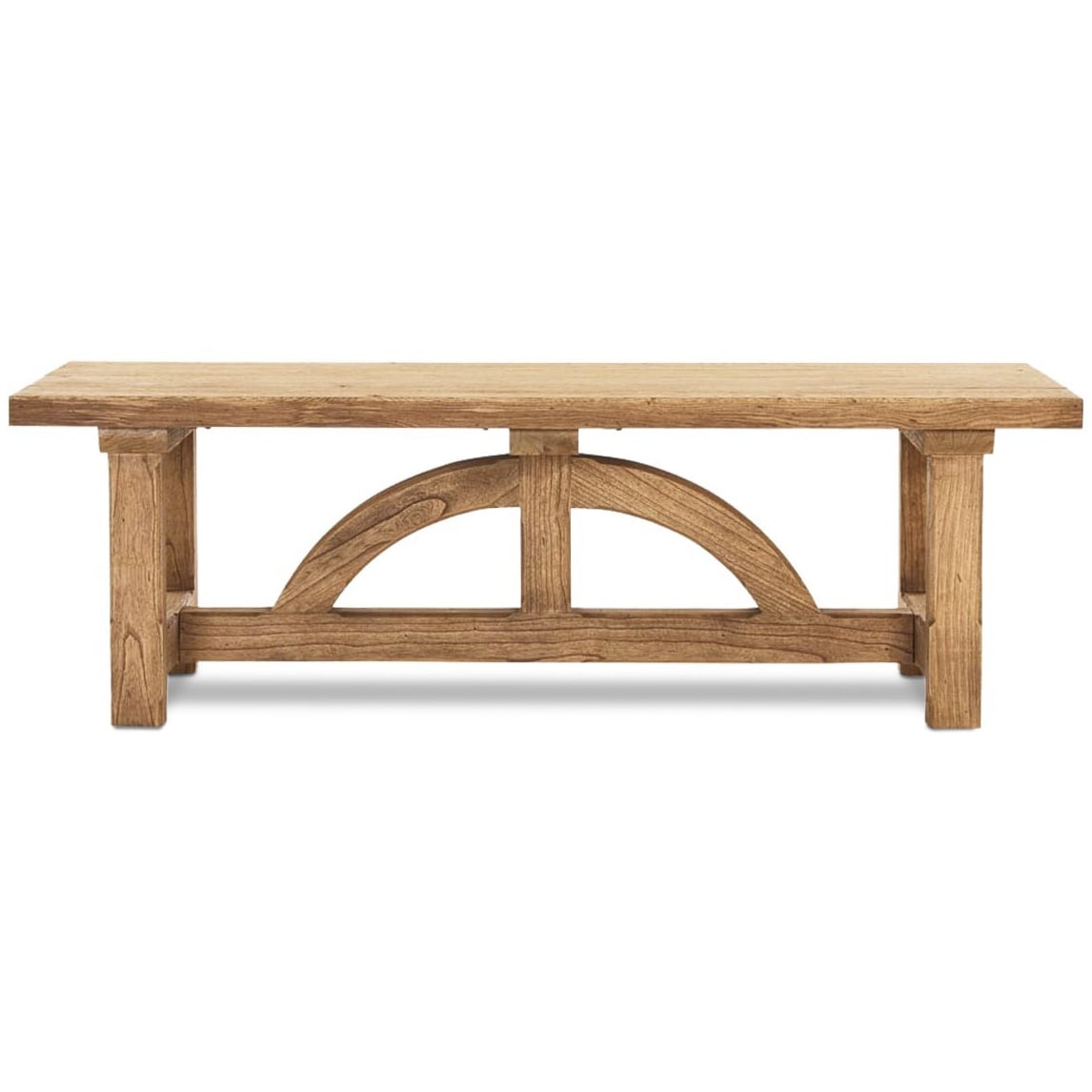 Solid oak farmhouse dining table with arched stretcher base and thick tabletop