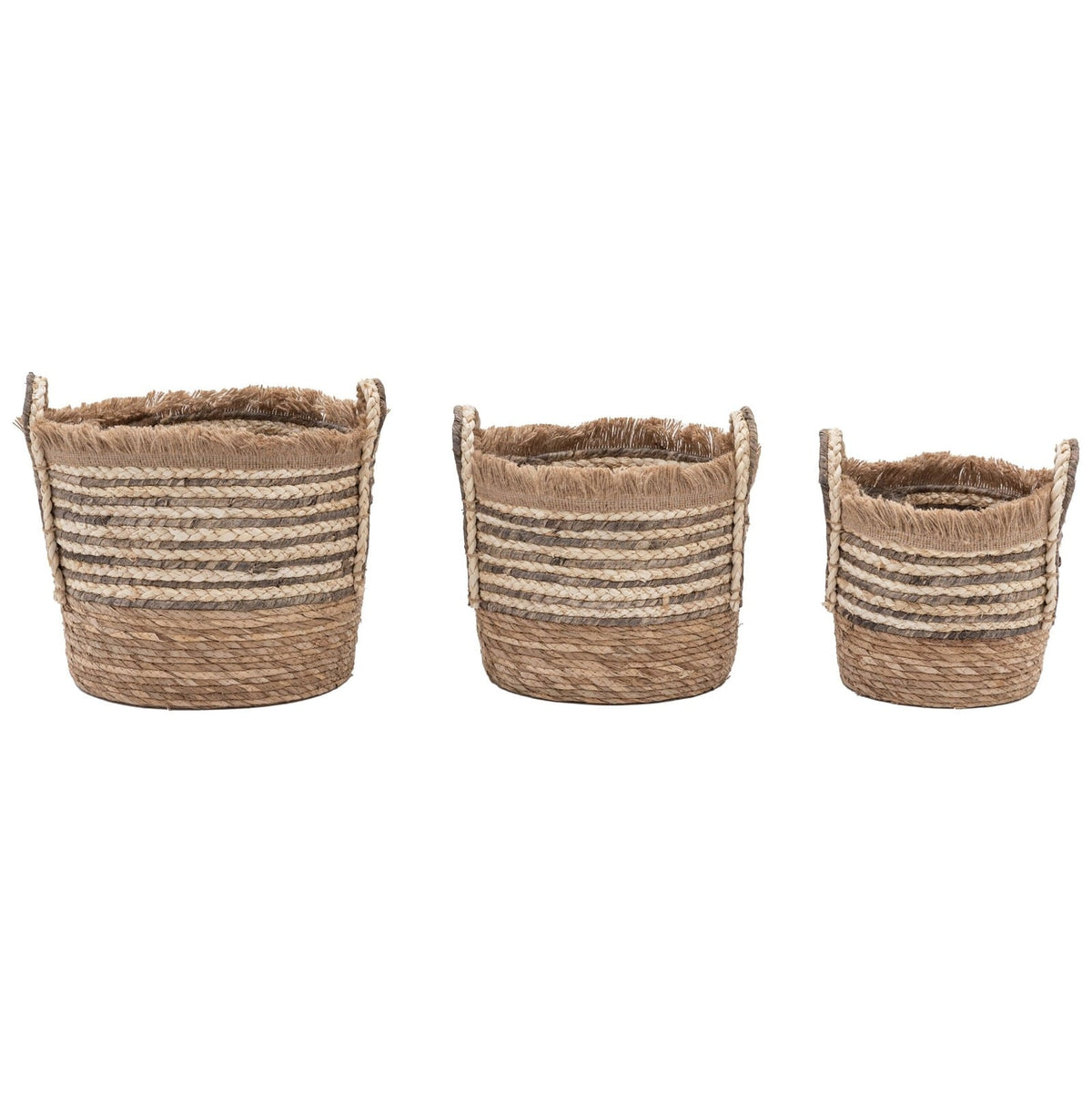 Fringed Woven Basket in Brown Stripe Set of 3