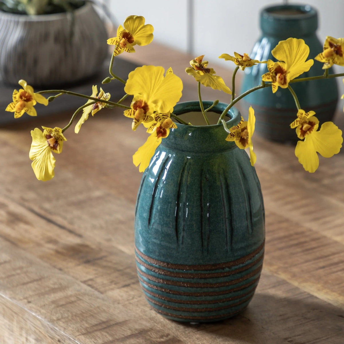 Southwold Ribbed Ceramic Vase Teal Set of 2