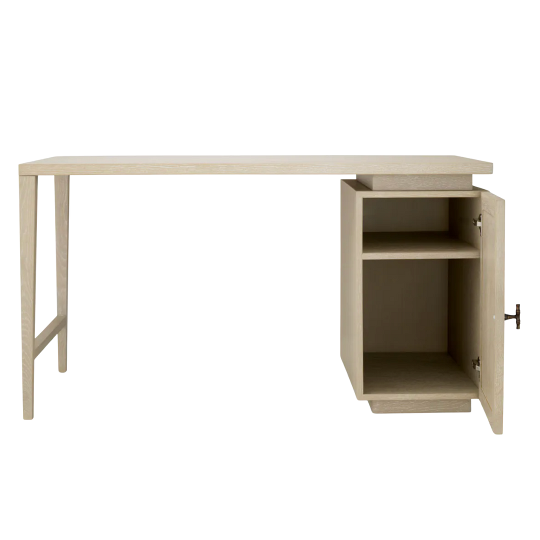 Light oak desk with storage cabinet featuring adjustable shelves and rattan door design.