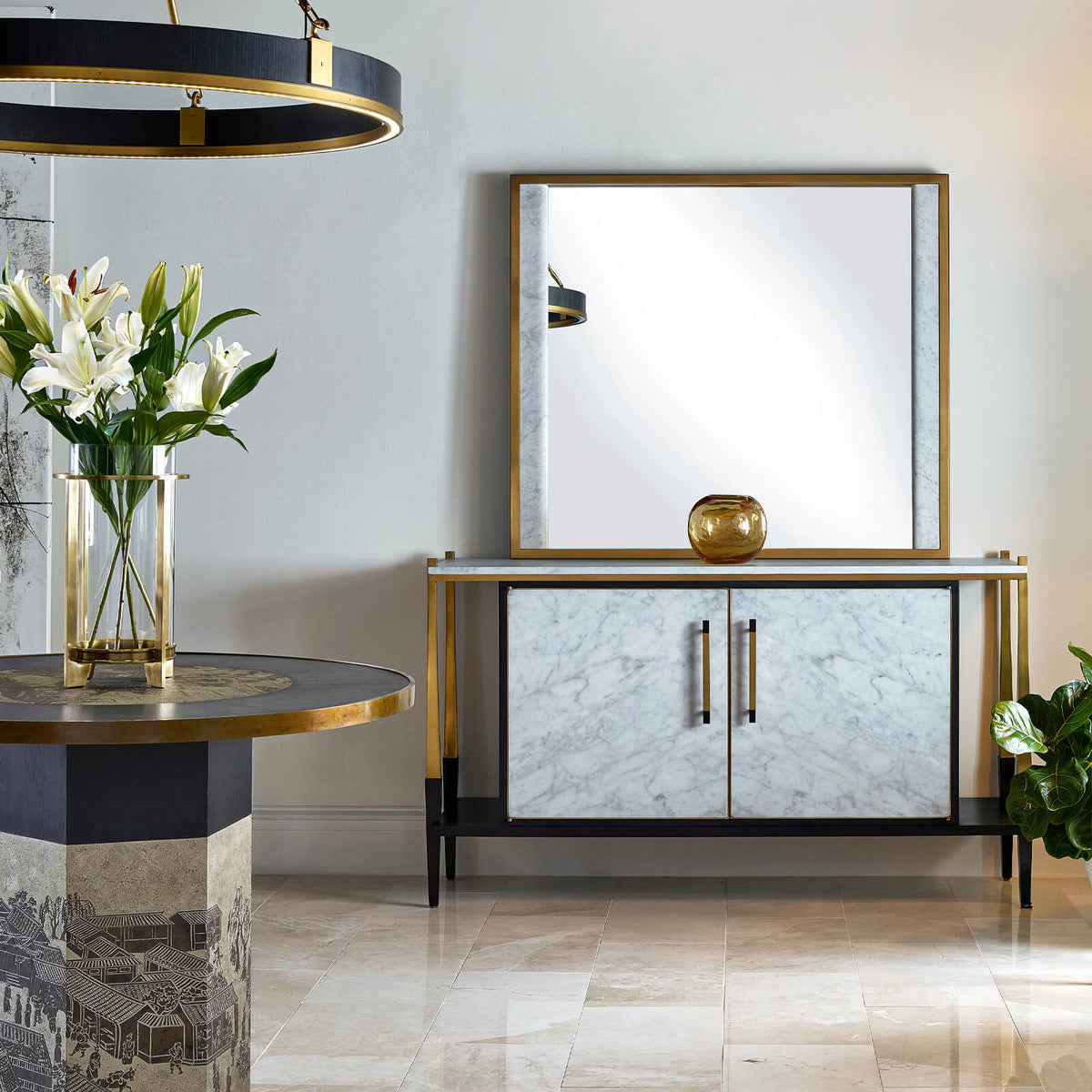 Fusion Square Wall Mirror with White Marble Edge