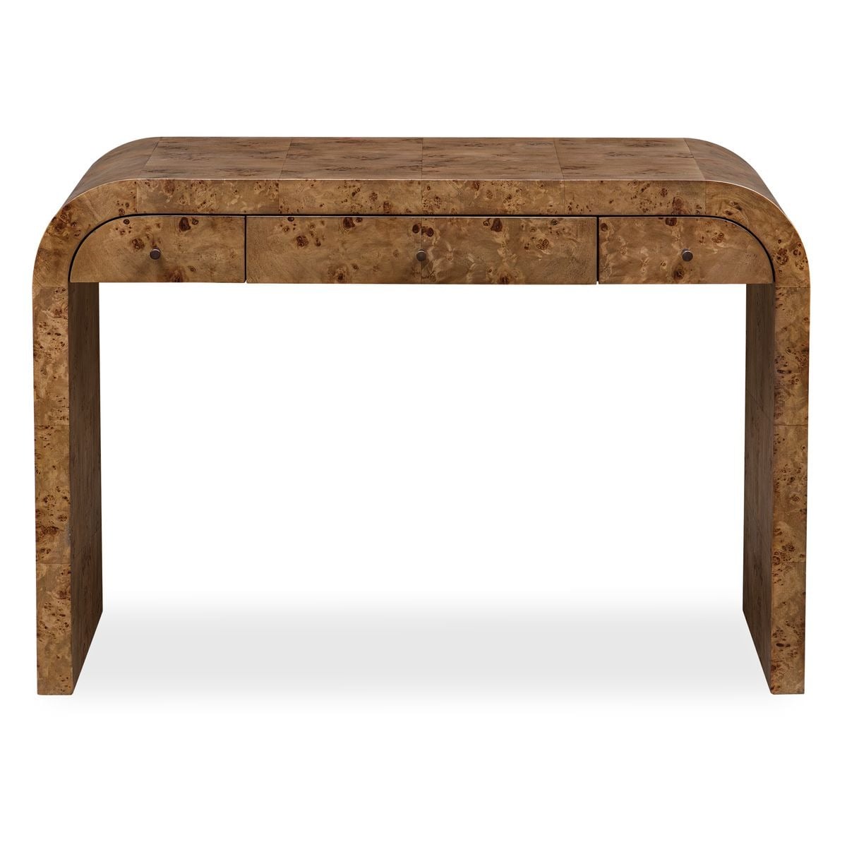 Uttermost Rocco Mappa Burl desk with curved silhouette and dark bronze drawer pulls
