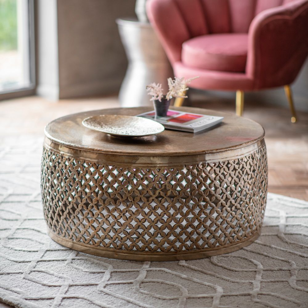 Moroccan Round Coffee Table in Gold Metal