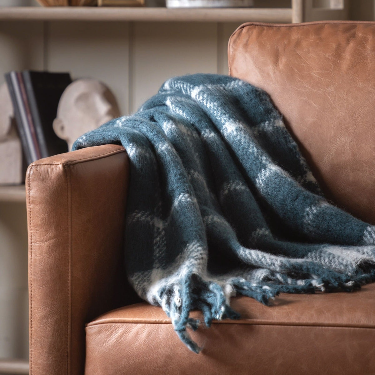 Poly Faux Mohair Check Throw in Blue