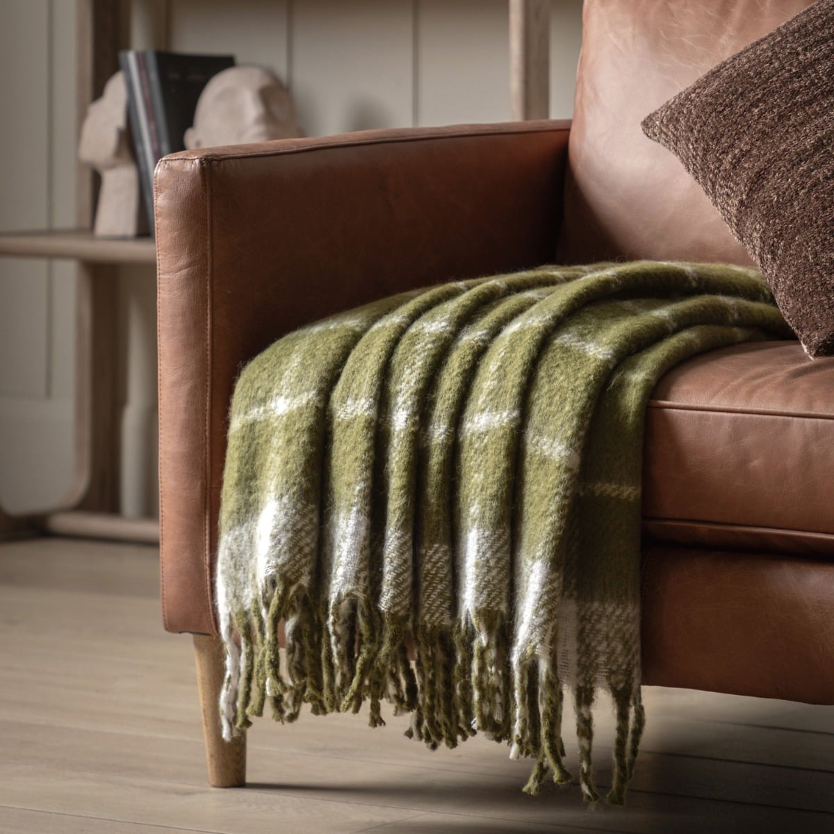Fringed Mohair Check Throw in Forest Green