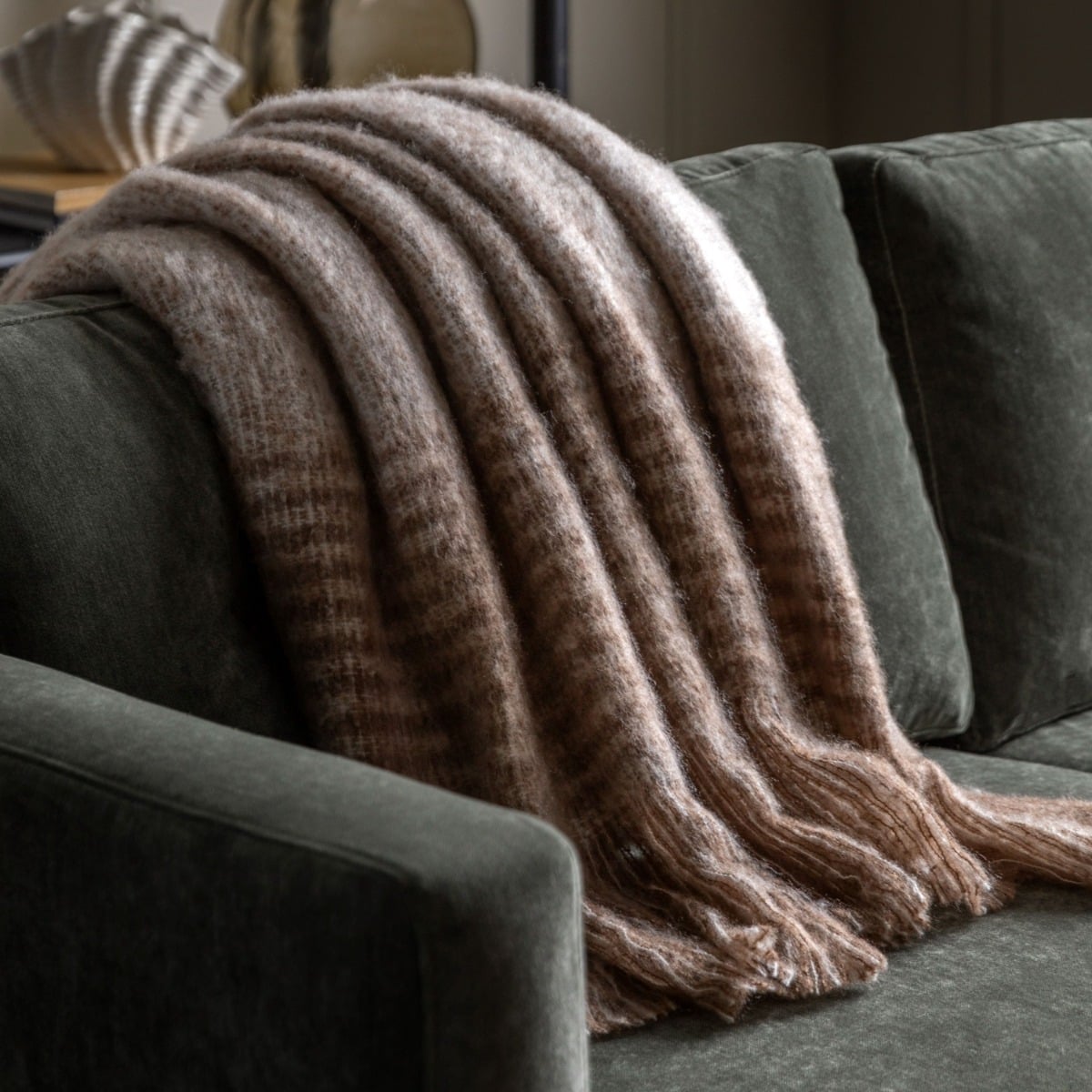 Nora Mohair Fringe Throw in Brown