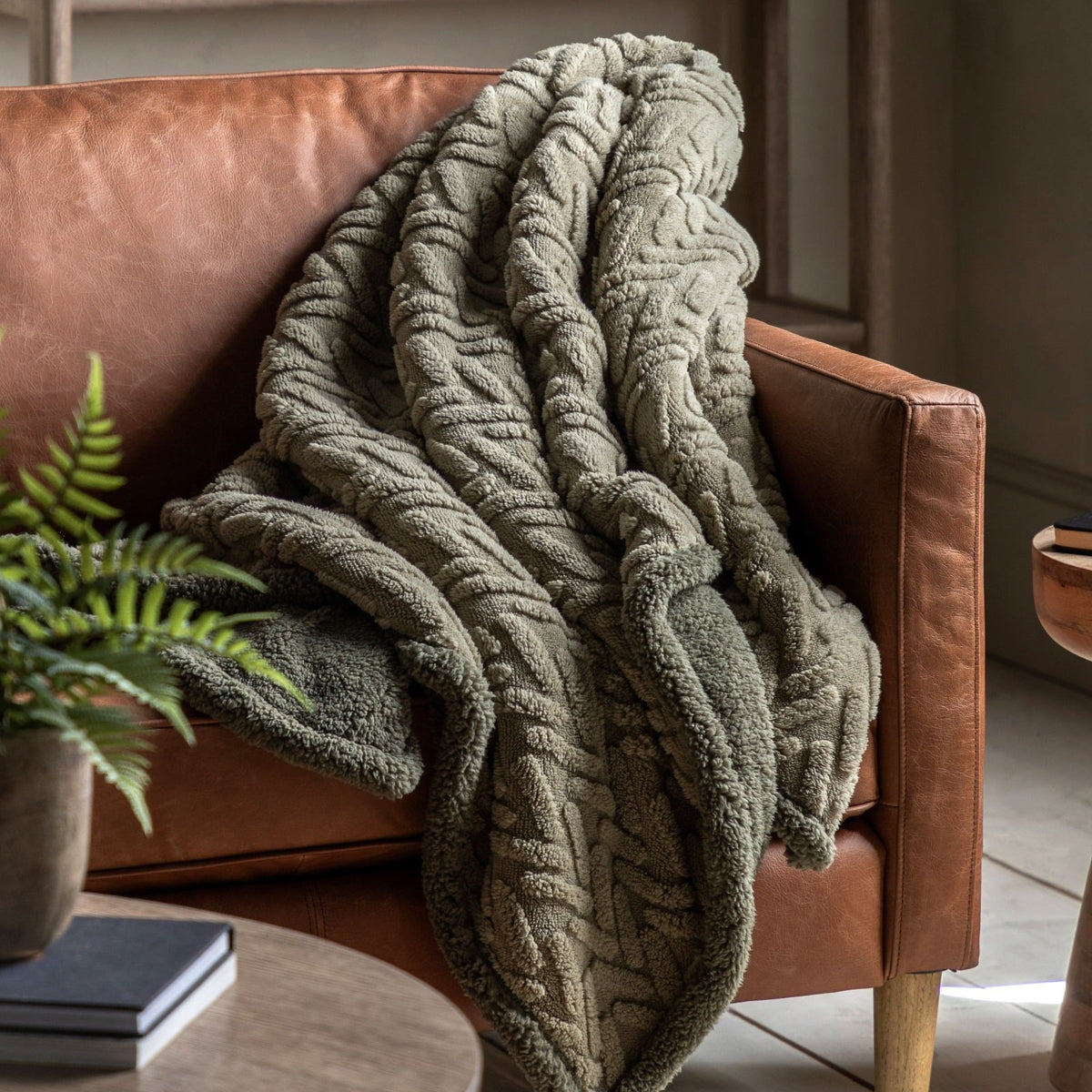 Herringbone Sherpa Throw in Sage