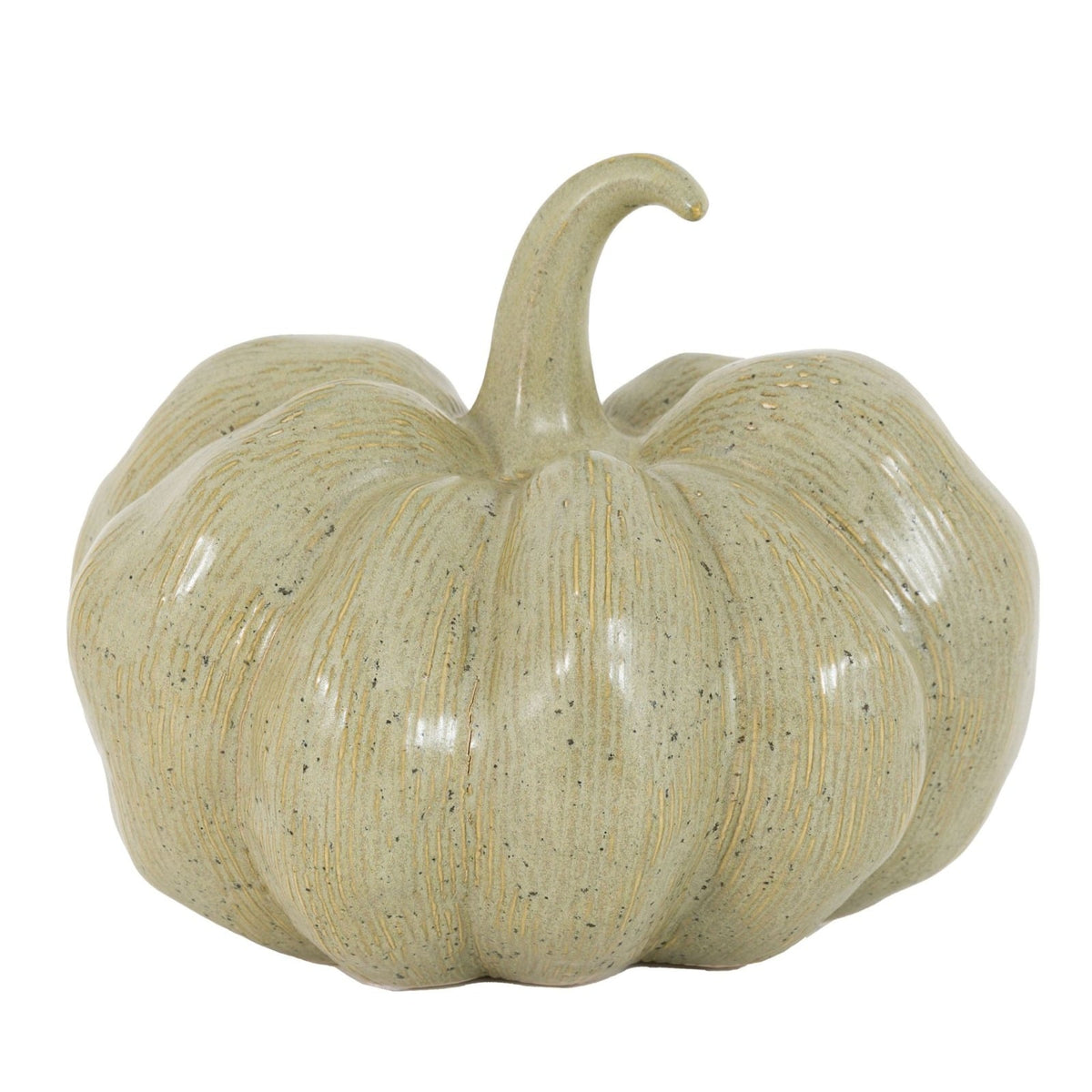 Glazed ceramic pumpkin ornament with textured green finish.