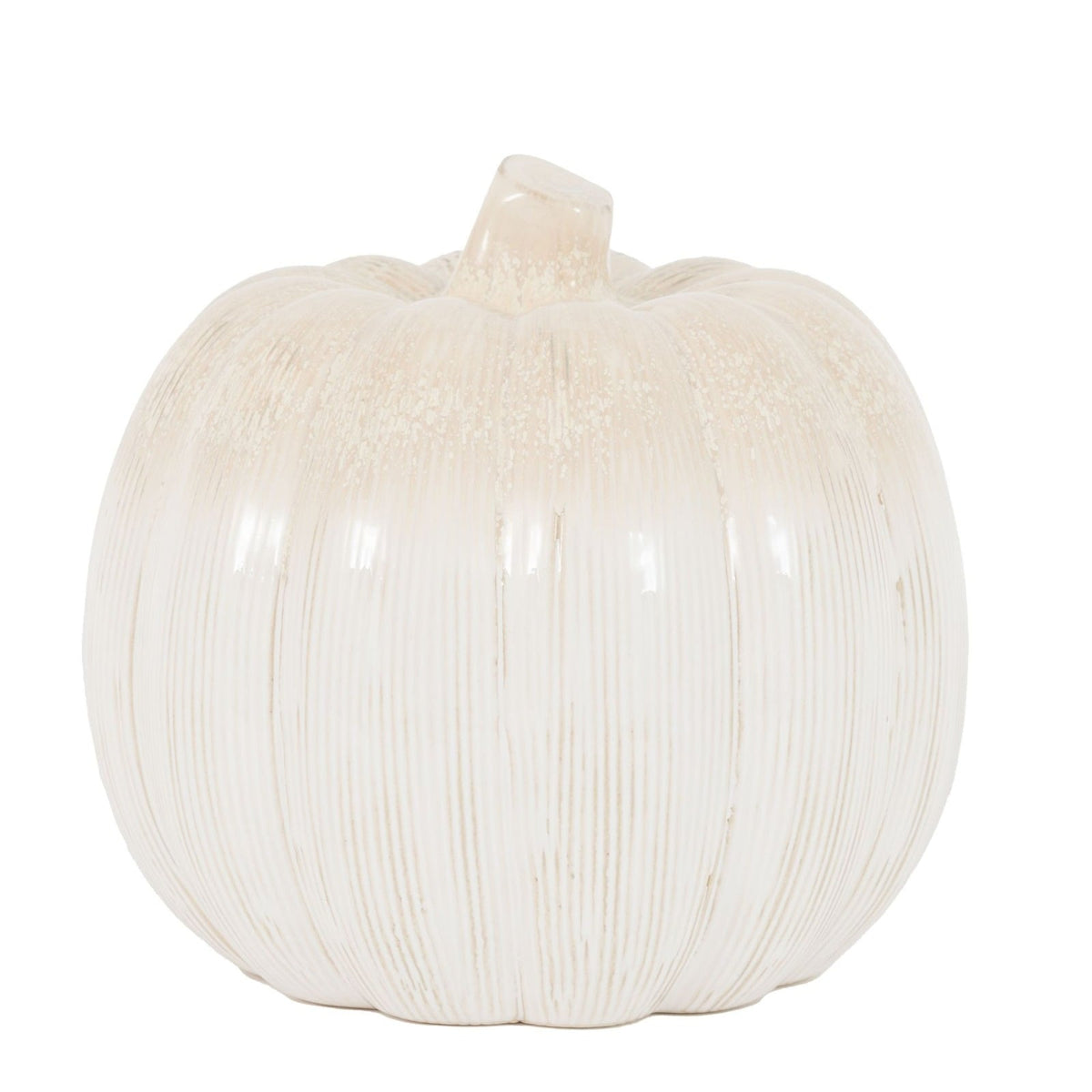 Cream ceramic pumpkin ornament with glossy glaze and ribbed detailing – decorative autumn home accessory.