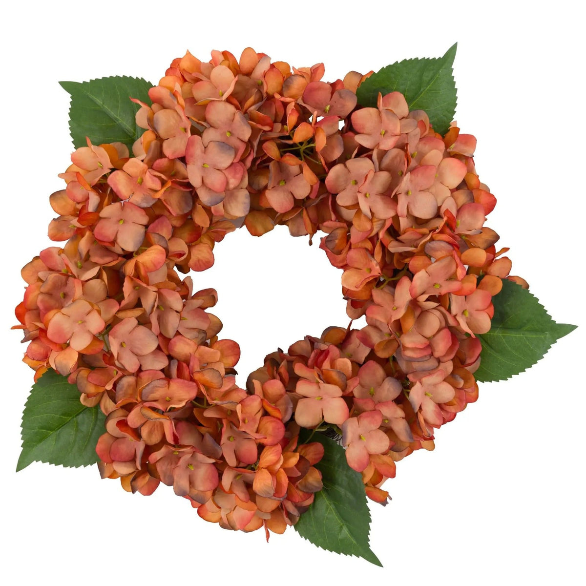 Pavilion Chic Hydrangea Rust Wreath with lifelike artificial hydrangea flowers in warm burnt orange and rust tones, decorative autumn wreath for front door or home décor.