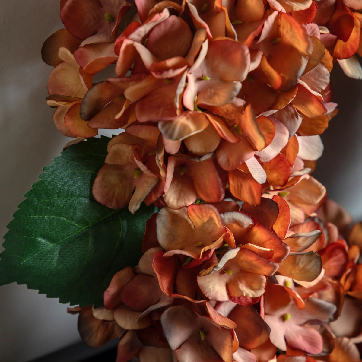 Close-up of Pavilion Chic Hydrangea Rust Wreath showcasing realistic silk hydrangea petals in rustic orange and deep red shades with green foliage, luxury artificial seasonal decoration.