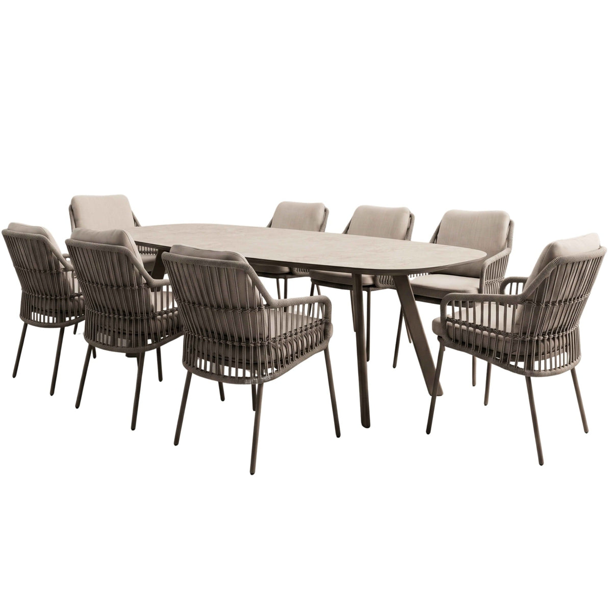 Alicante 8 seater outdoor dining set with 240cm ceramic table and beige rope dining chairs