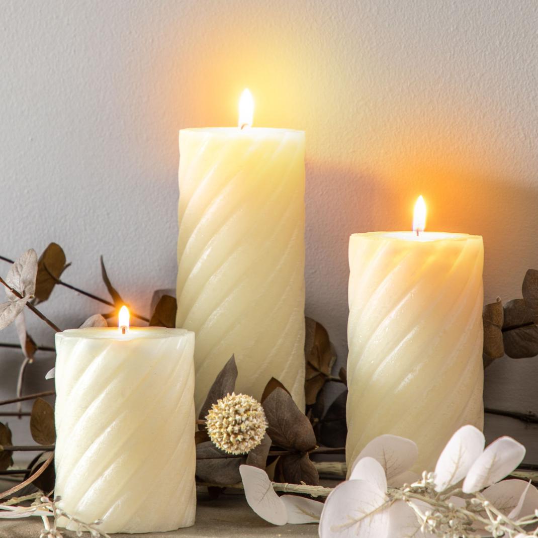 Vanilla Pillar Candle Twist Ivory Large Set of 2