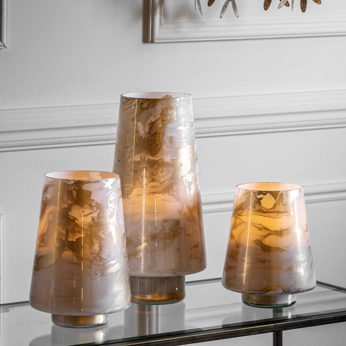 Marble Swirl Hurricane Large Gold Candle Holder