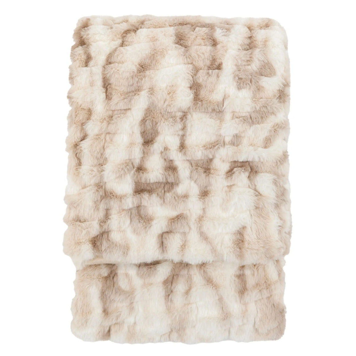 Pavilion Chic Deco Luxe Ruched Faux Fur Throw. Luxury beige and cream faux fur throw blanket neatly folded – soft, plush, and perfect for adding warmth and texture to modern interiors.