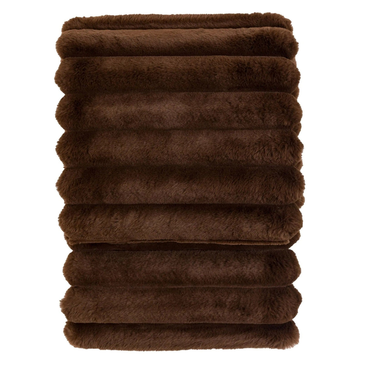 Folded chocolate brown faux fur throw blanket with ribbed texture on white background.