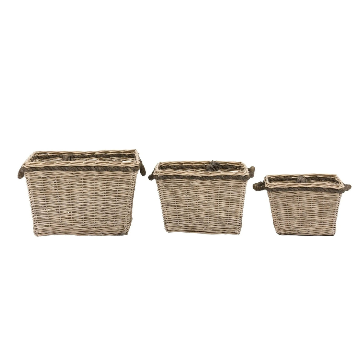 Set of three rectangular wicker baskets with braided rope handles, natural rattan storage solution on white background.