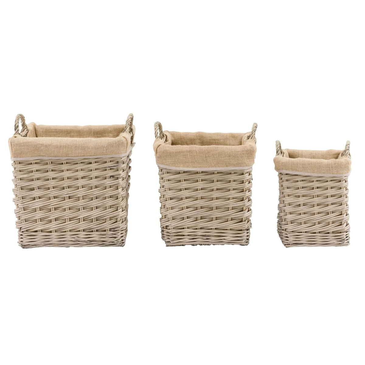 Set of three wicker storage baskets with fabric lining, displayed in small, medium, and large sizes against a white background.