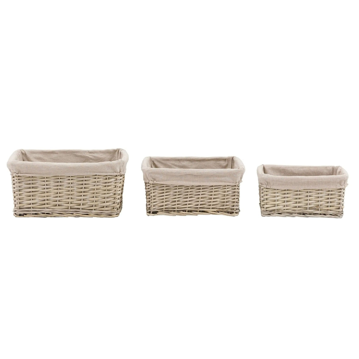 Grey wicker storage baskets with removable linen lining in three sizes, ideal for organising living room, bedroom, or bathroom storage.