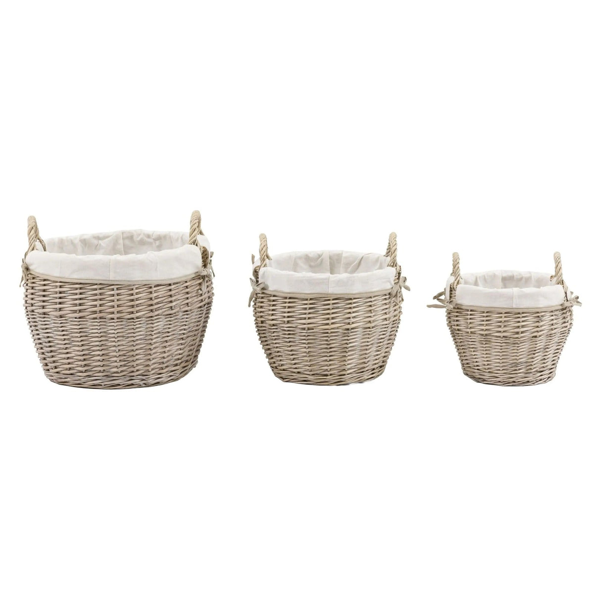 Trio of wicker storage baskets with removable fabric liners in small, medium, and large sizes against white background.