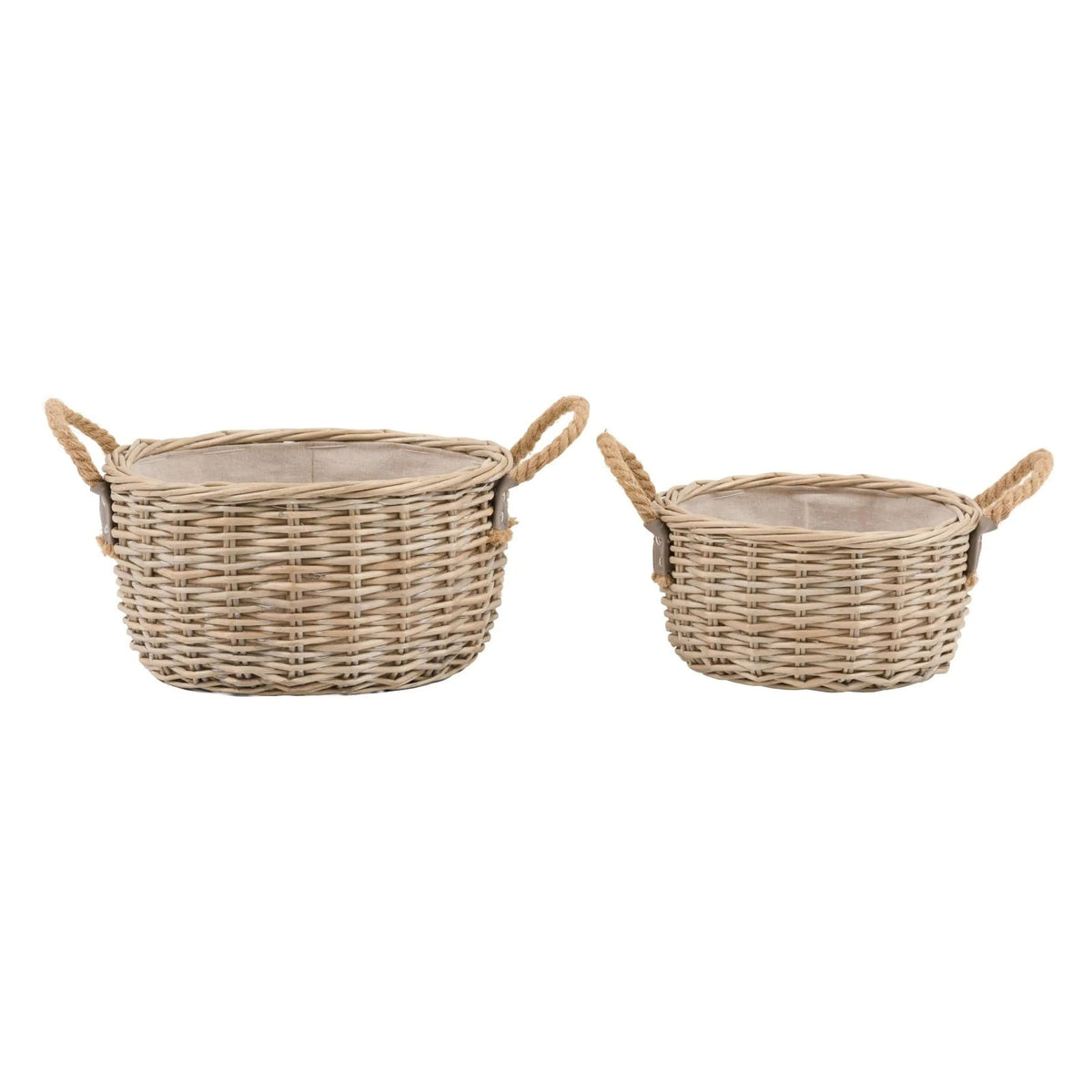Pair of round wicker storage baskets with rope handles and removable fabric lining, natural home storage set.