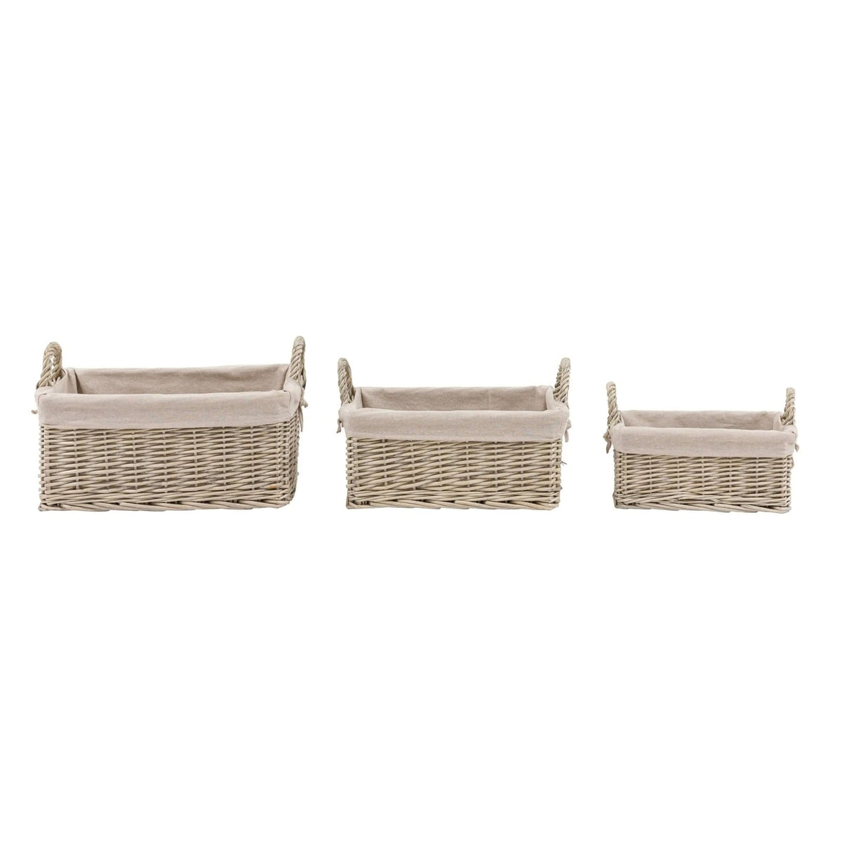 Rectangular wicker storage baskets with fabric lining, set of three in small, medium, and large sizes on white background.
