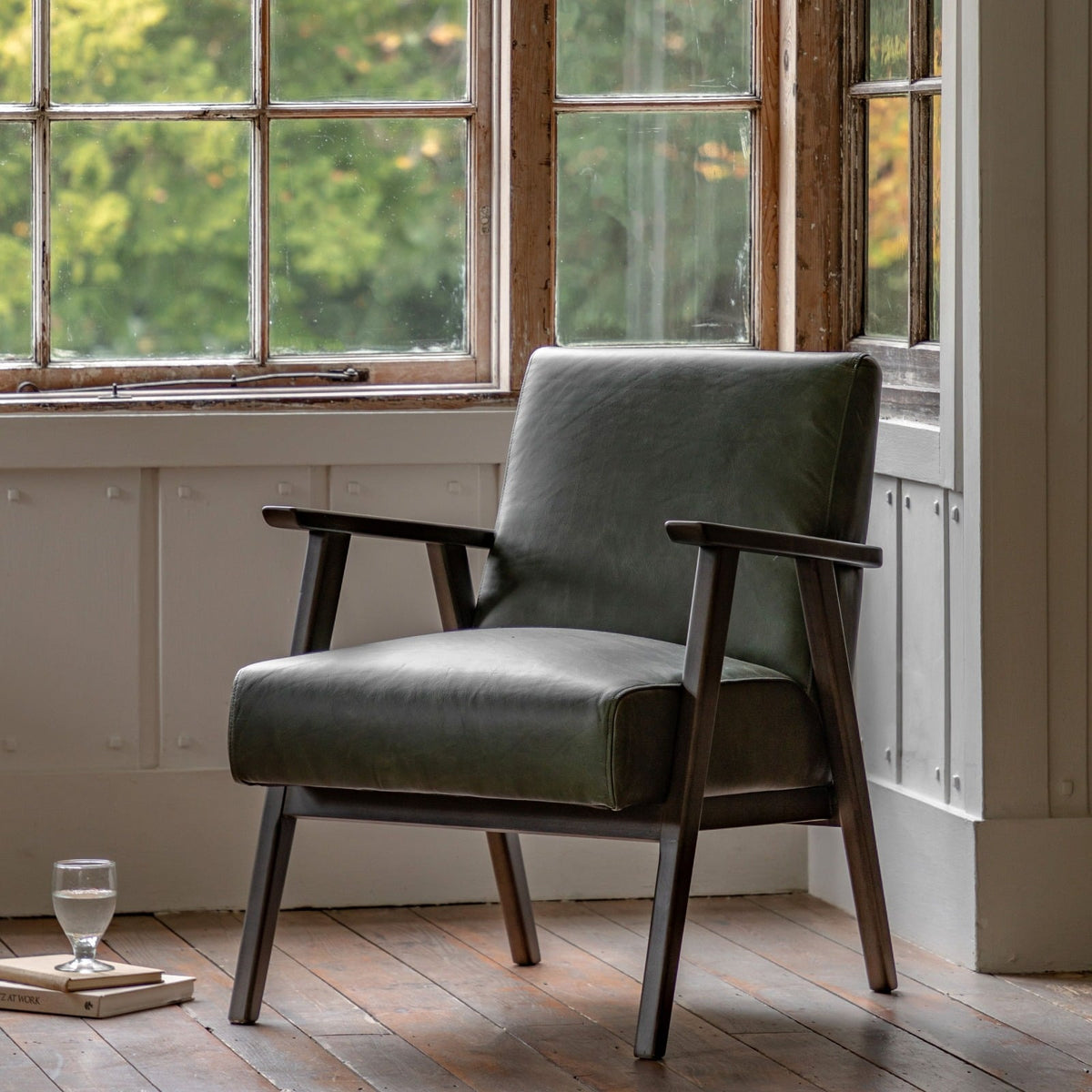 Hereford Mid Century Style Armchair in Green Leather