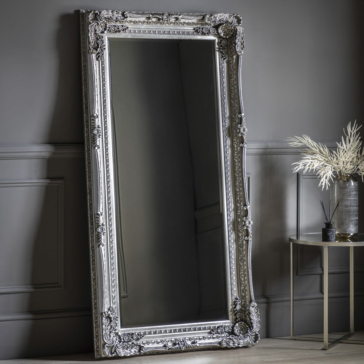 Gloucester Carved Floor Mirror in Silver