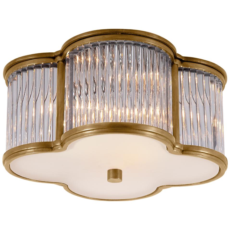 Basil Small Flush Mount in Natural Brass and Clear Glass Rods with Frosted Glass