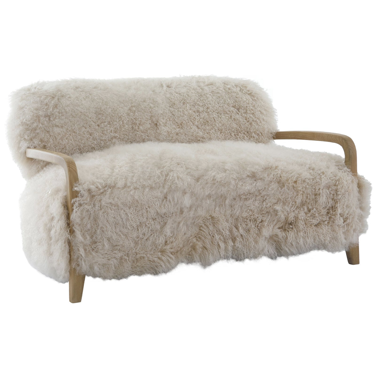 Keiichi BAAARB sofa in natural real long sheepskin, luxury designer seating with genuine long-hair sheepskin upholstery.