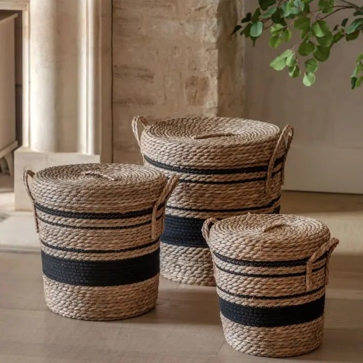 Linen Basket Nest in Black Stripe Set of 3