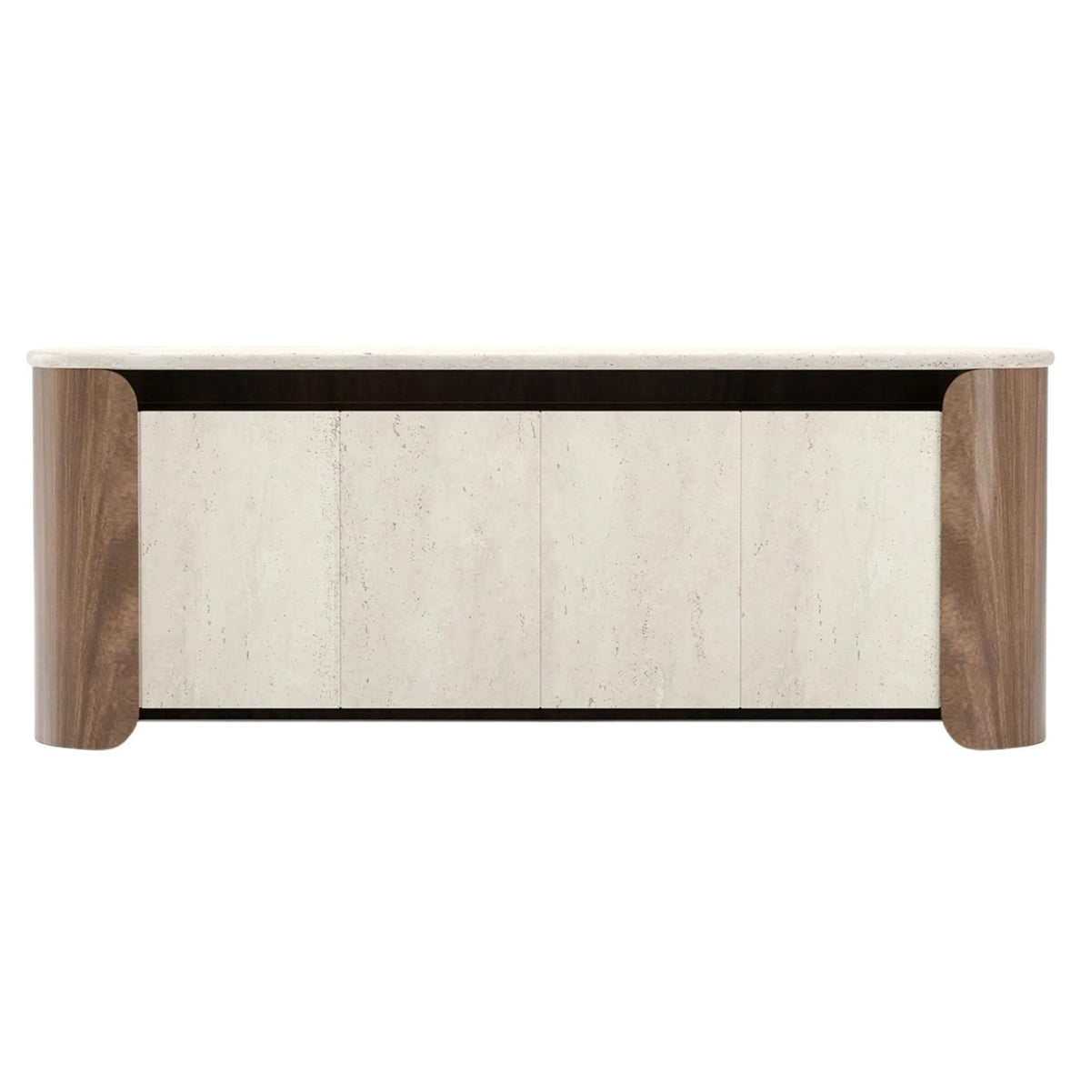 Caracole Fleur open sideboard with travertine doors and curved porcini wood frame front view
