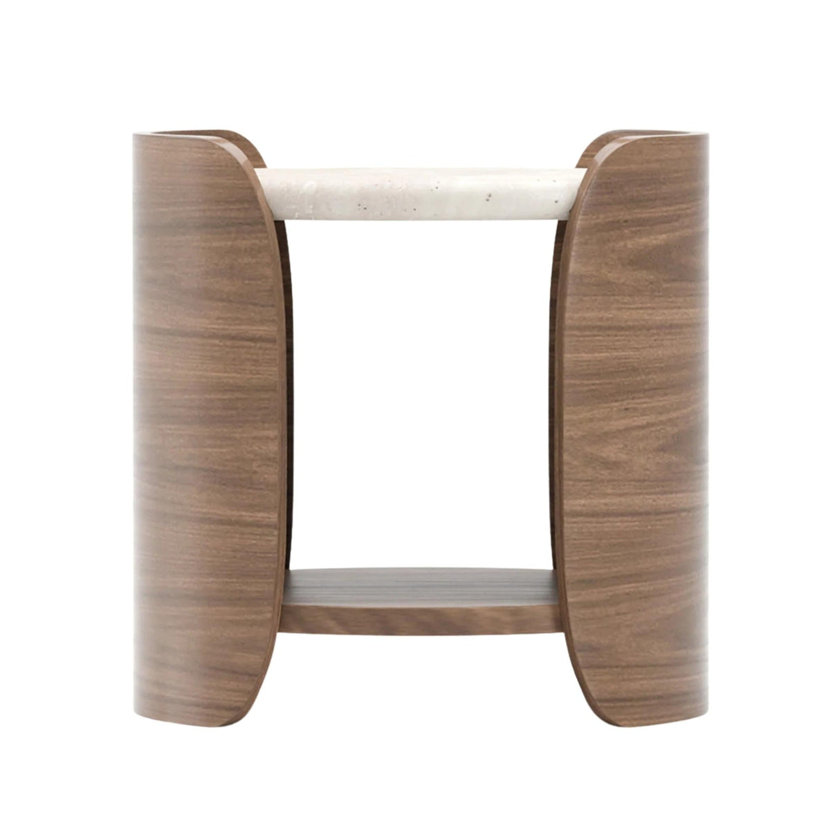 Caracole Fleur side table showing open wood shelf design with travertine top