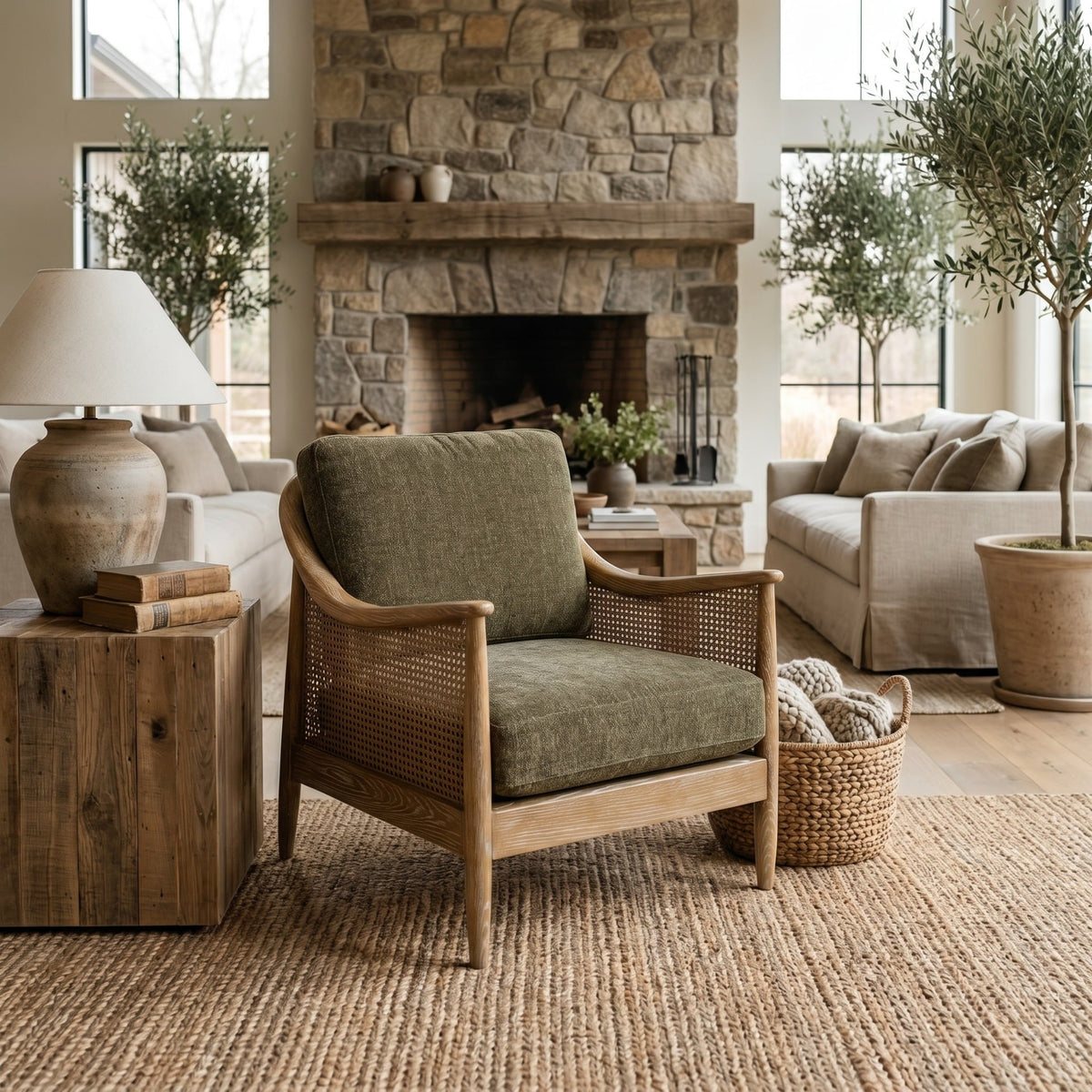 Chadlington Accent Chair in Green styled in a warm country-inspired living room