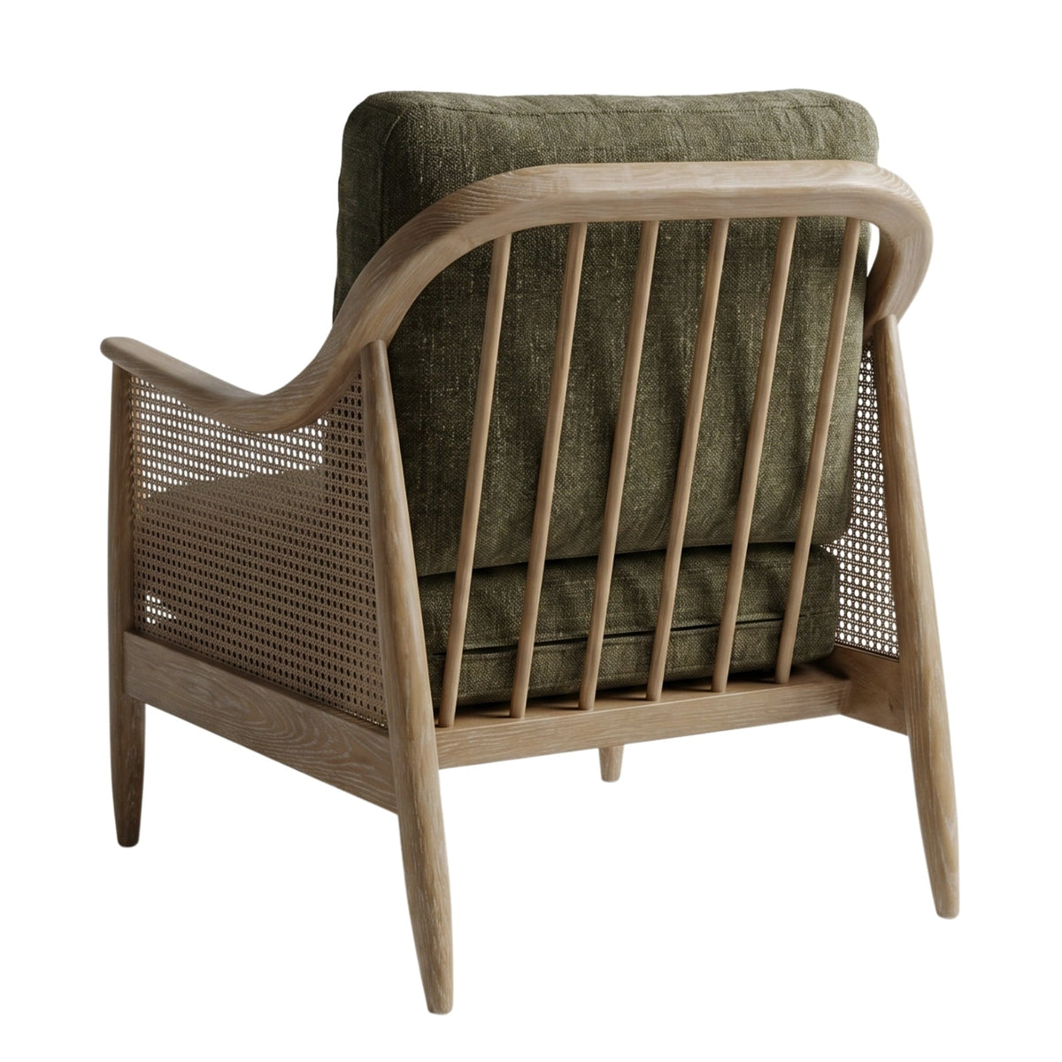 Rear view of the Keiichi Chadlington Accent Chair in Green showing wooden spindle frame