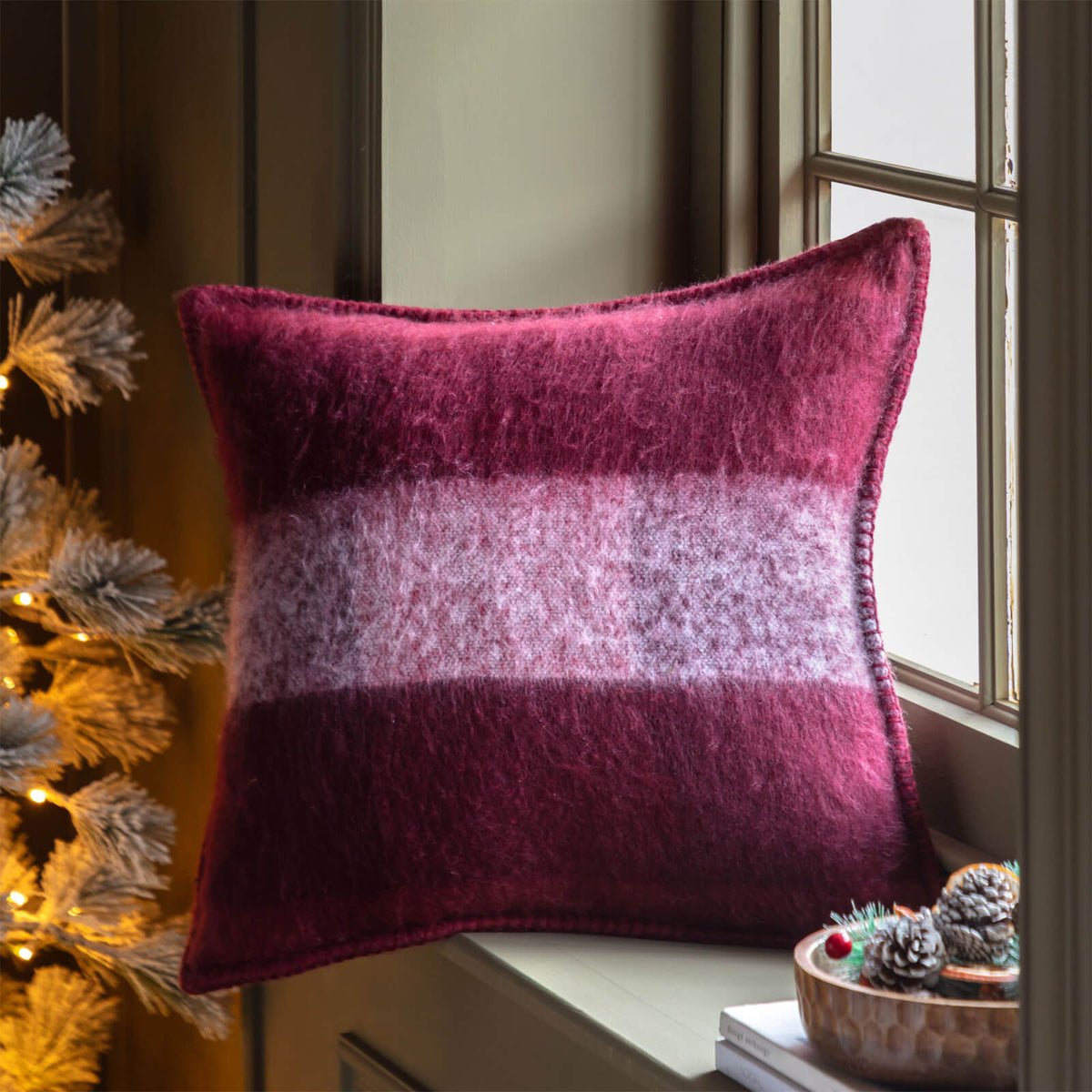 Check Faux Mohair Cushion in Merlot