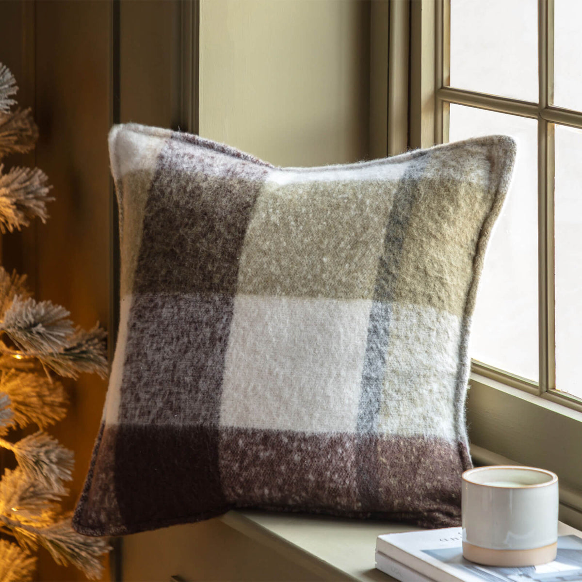 Check Faux Mohair Cushion in Olive