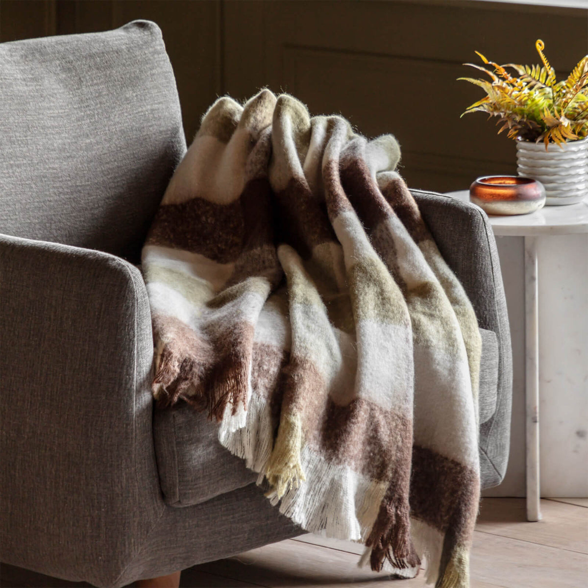 Check Faux Mohair Throw in Olive