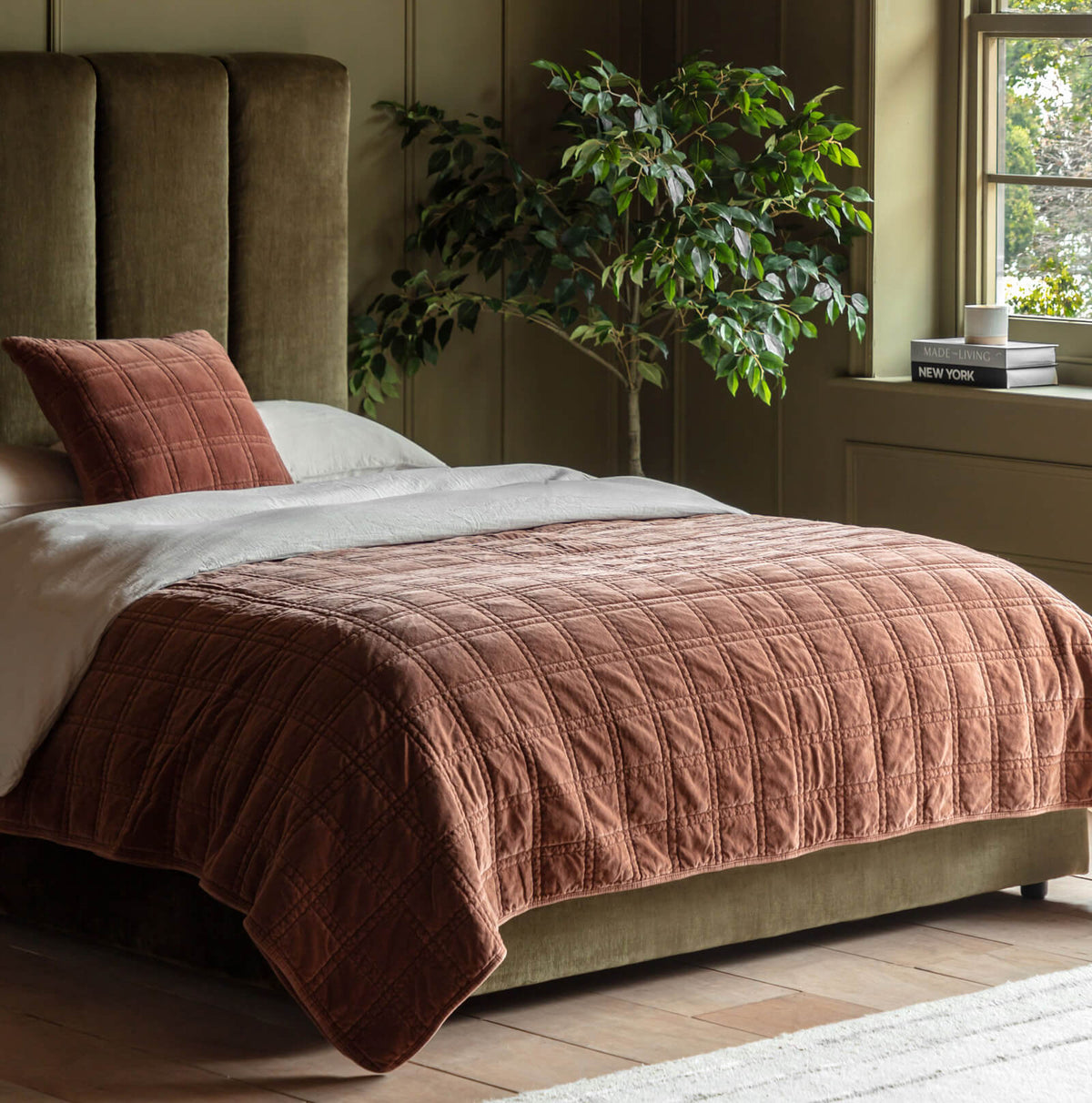 Cotton Velvet Quilted Bedspread in Rust