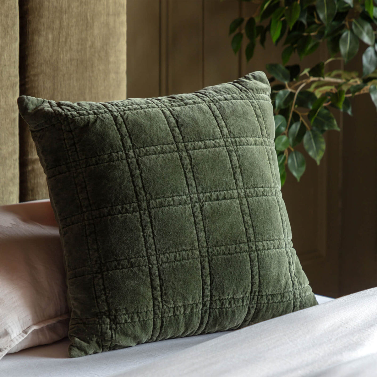 Cotton Velvet Quilted Cushion in Olive