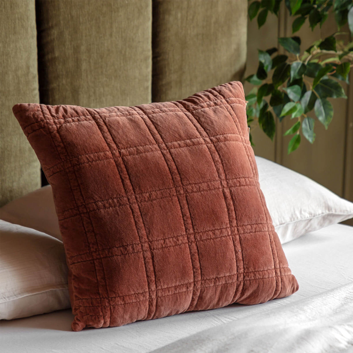 Cotton Velvet Quilted Cushion in Rust
