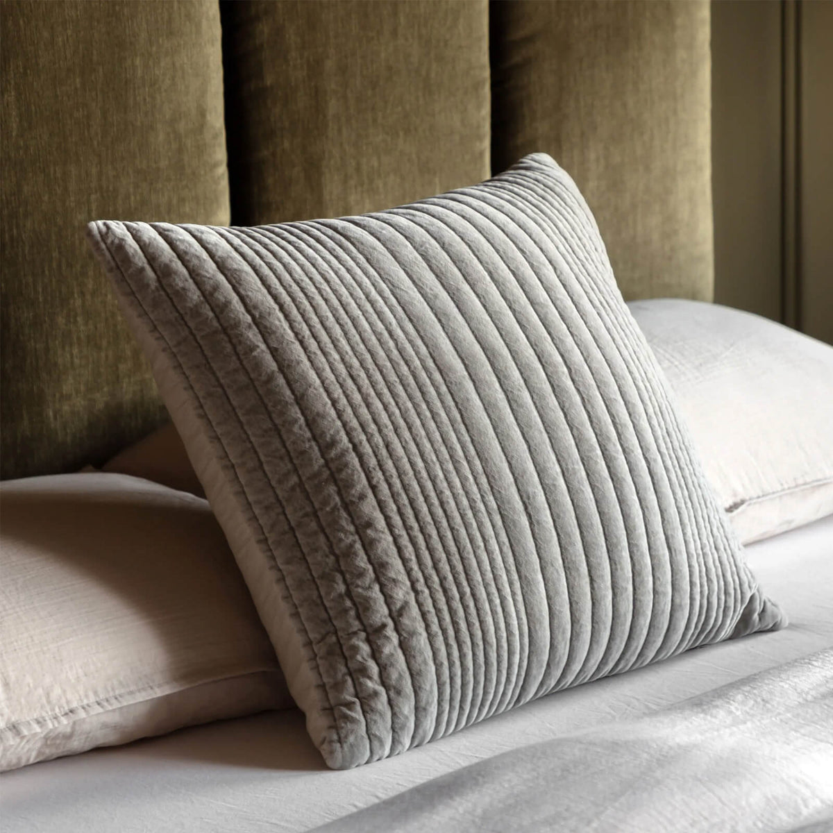 Cotton Velvet Stitched Cushion in Taupe