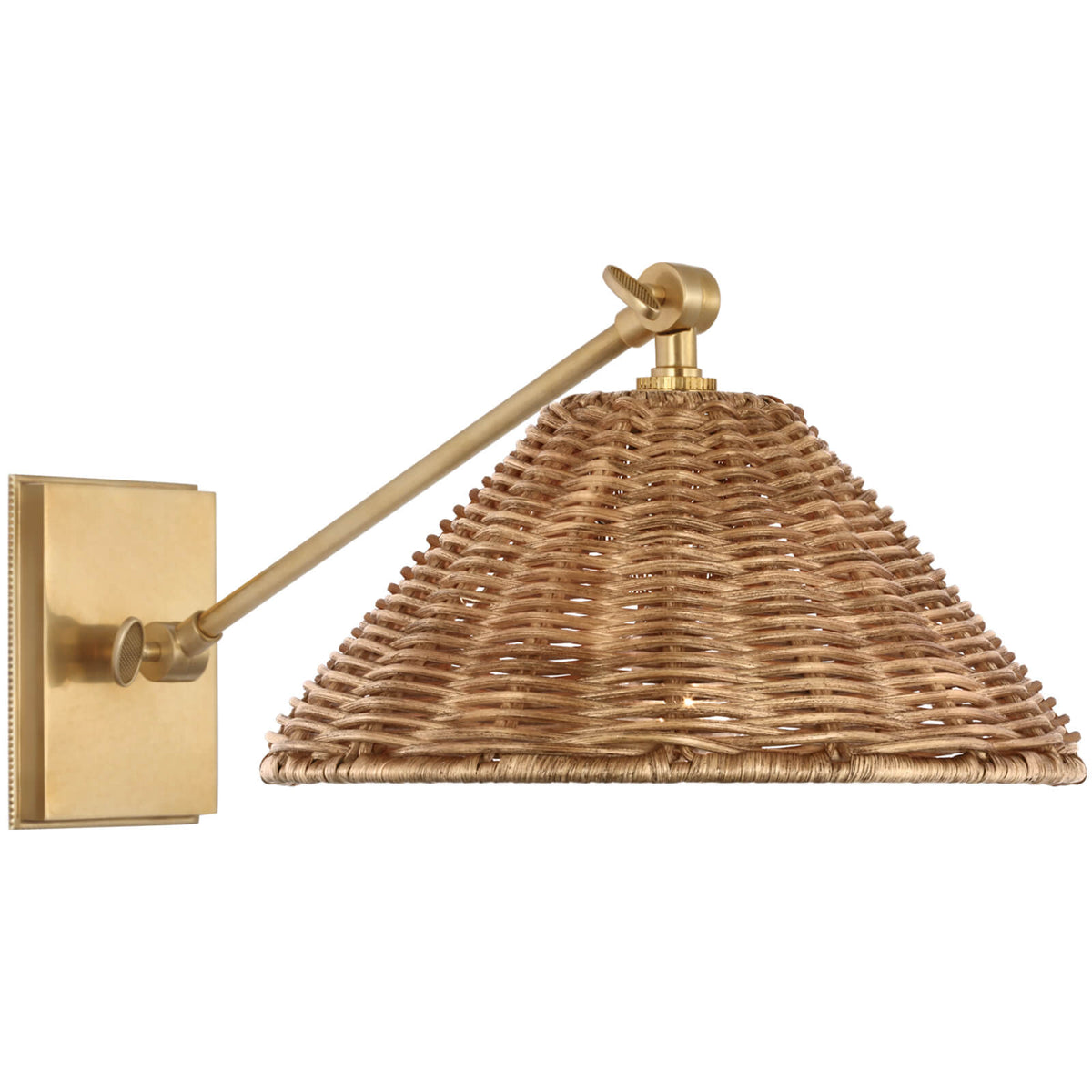 Wimberley Single Library Wall Light in Soft Brass and Natural Wicker Shade