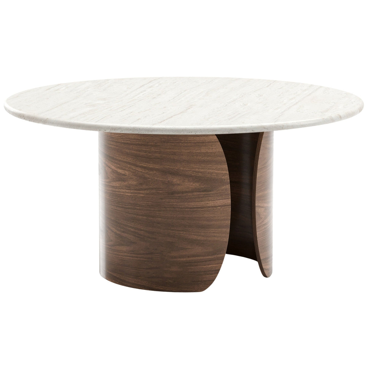 Side view of Fleur dining table highlighting curved walnut wood base and round travertine tabletop