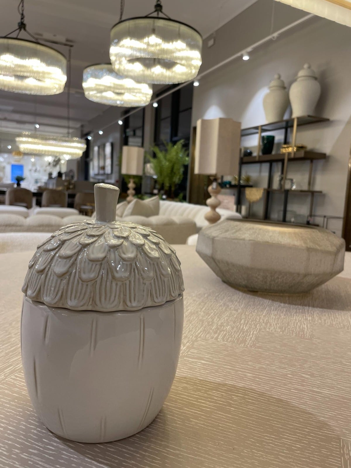 White Ceramic Acorn Lidded Jar