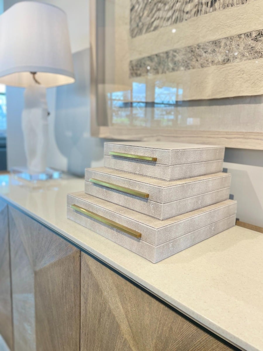 Set of 3 Ivory Faux Shagreen Boxes