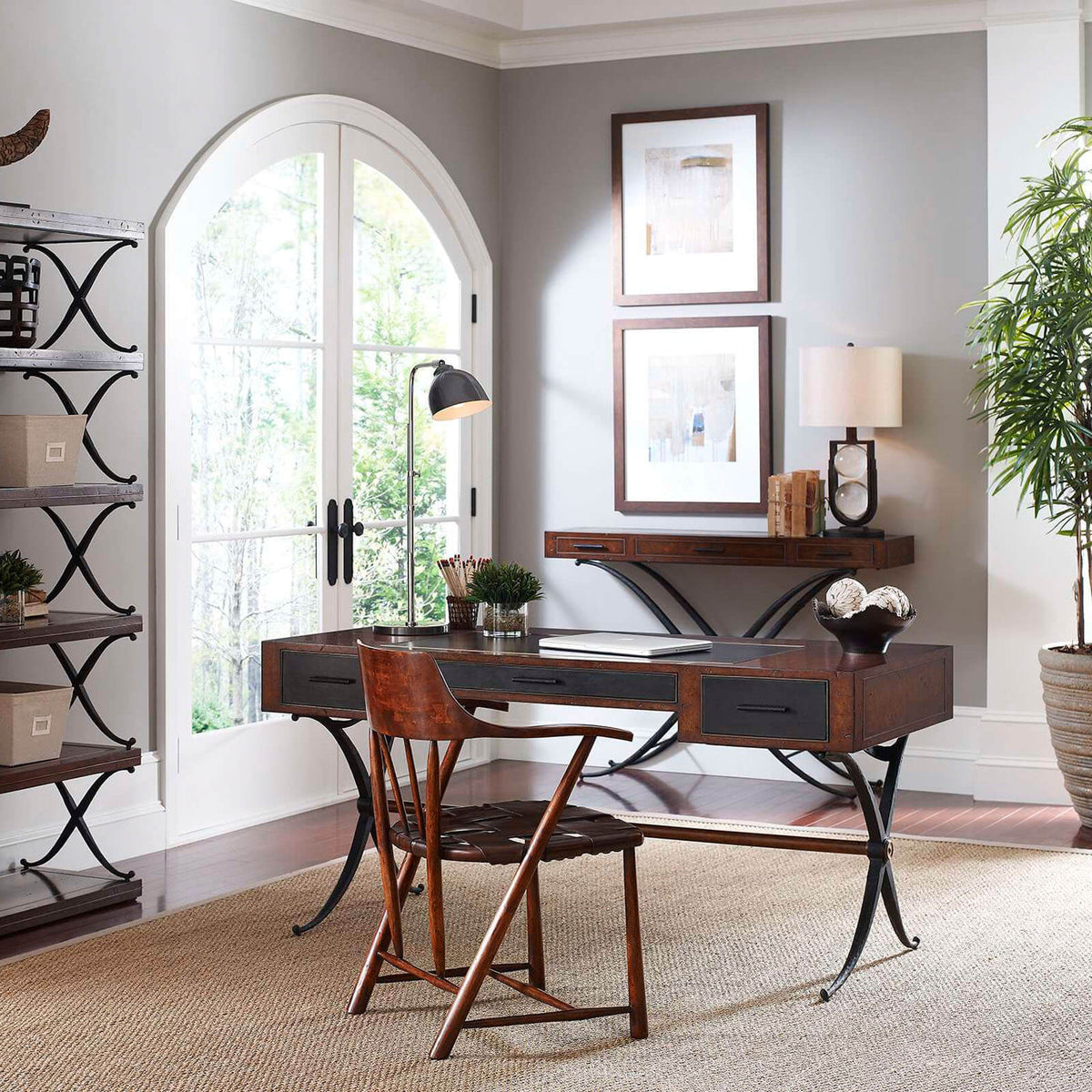 Hammered Iron Bureau Plat with Black Leather Inserts