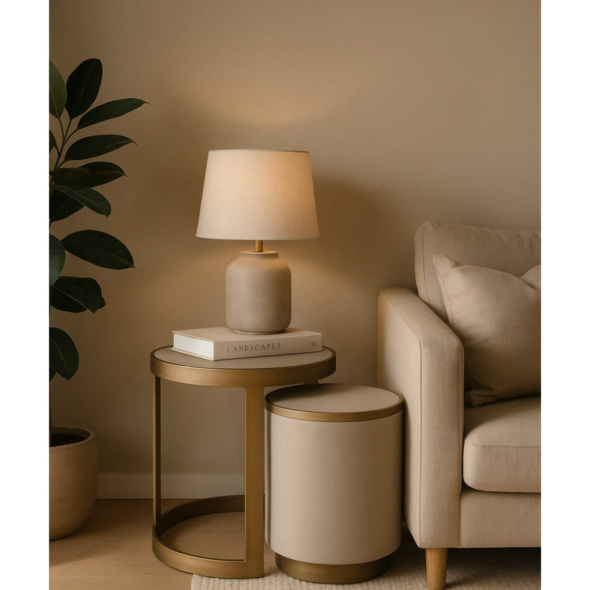 Hazlemere shagreen nest of tables styled beside sofa and lamp