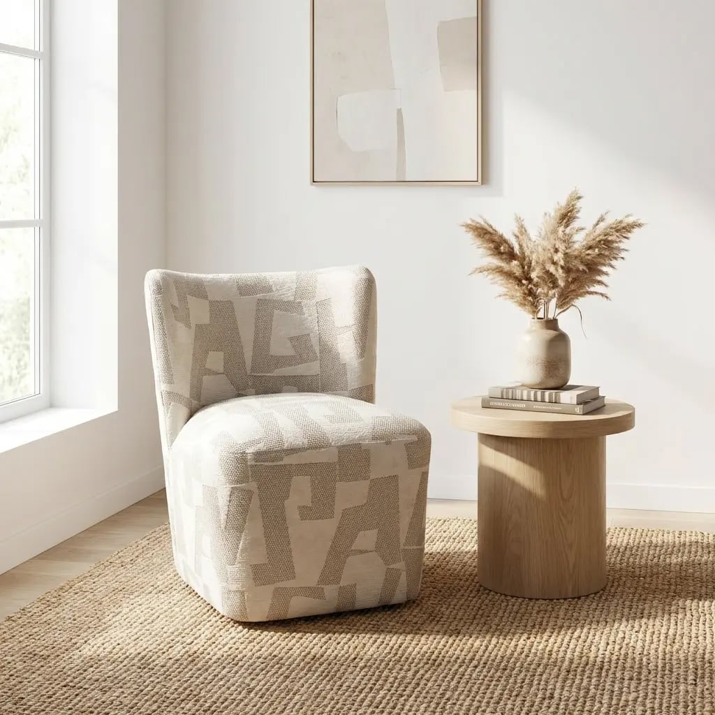 Keiichi Stratford Swivel Dining Chair, front-facing studio product photo with abstract woven fabric and white backdrop